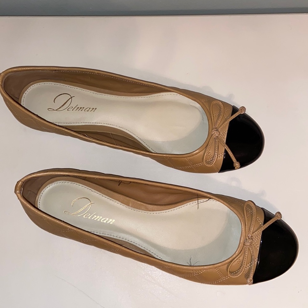 Classic Delman Camel Leather Quilted Ballet  Flats with Black Patent Leather Toe